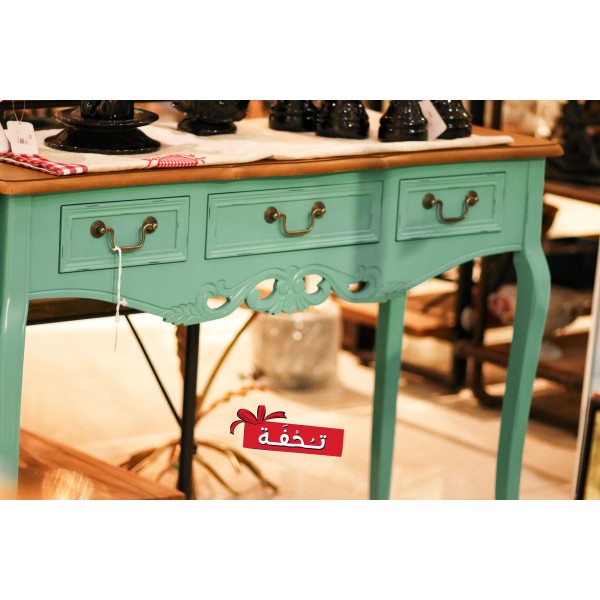 طاولة كونسول خشبي كلاسيك -  لون أزرق بسطح خشبي - بدون زخارف