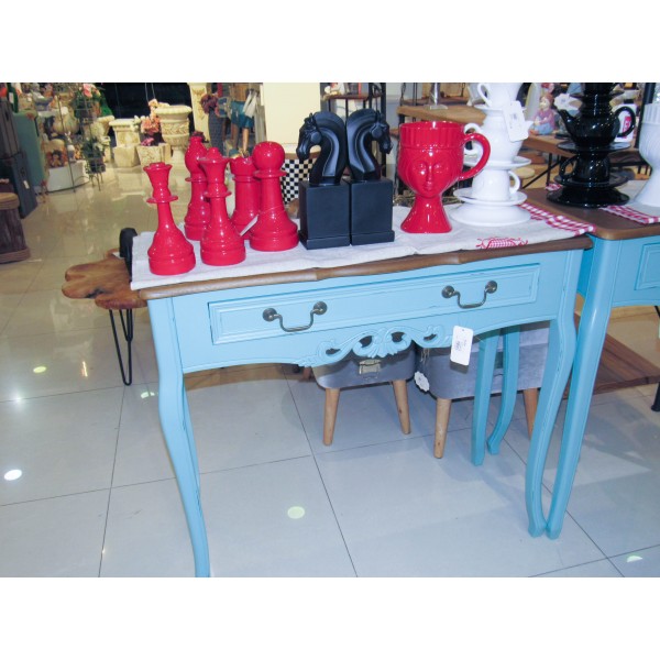 طاولة كونسول خشبي كلاسيك -  لون أزرق  بسطح خشبي - مع زخارف