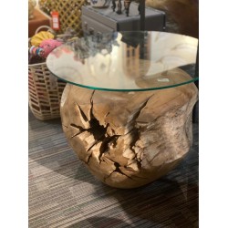 طاولة من خشب التيك 40 سم( جذع محفور) بسطح زجاجي
